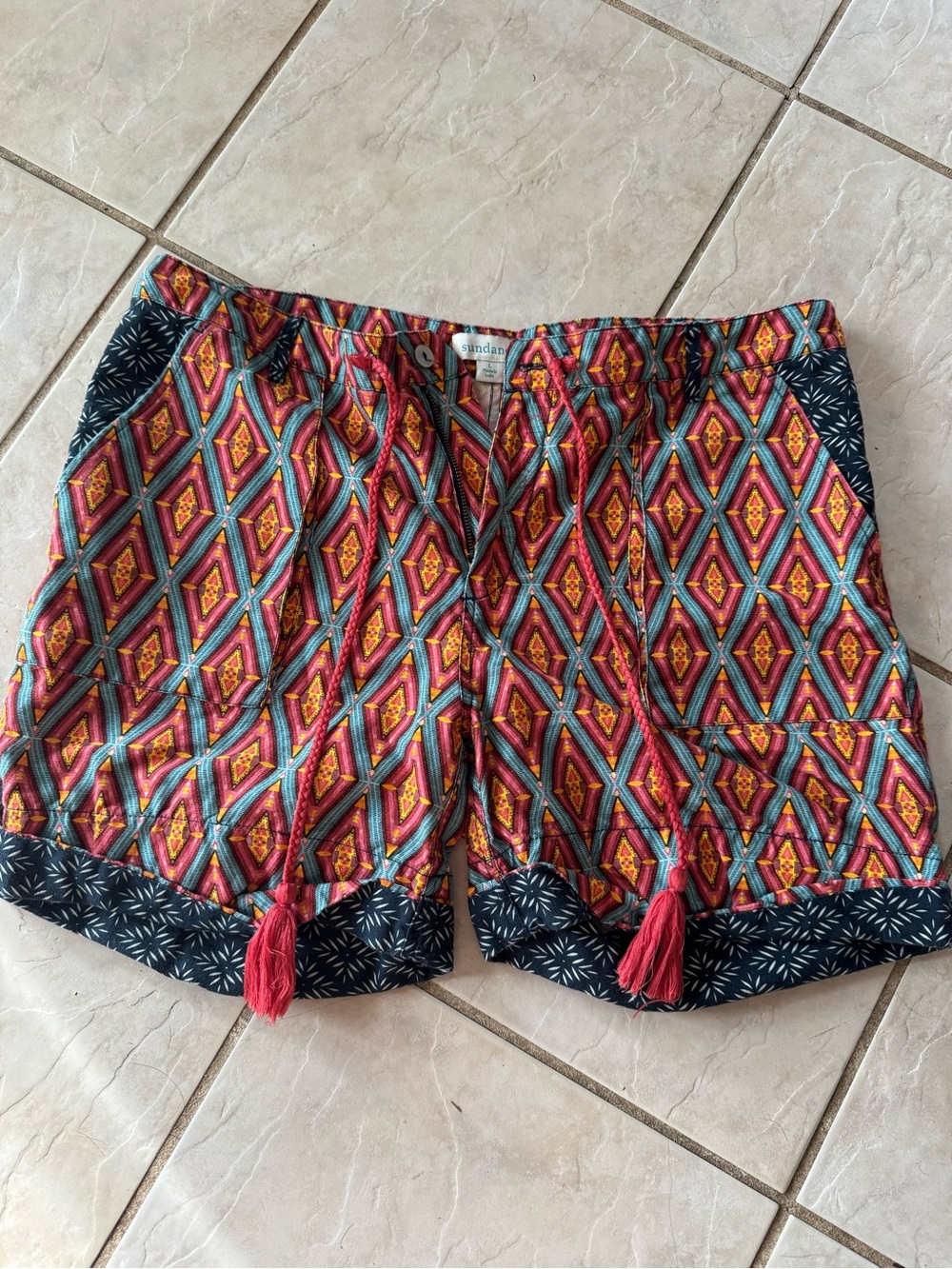 Sundance Multicolor Geometric Pattern Shorts with Tassels